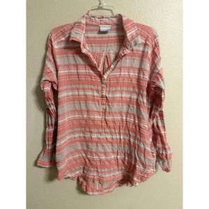 Columbia Henley Tunic Womens L Coral White Striped Gauze Excellent Long Sleeve